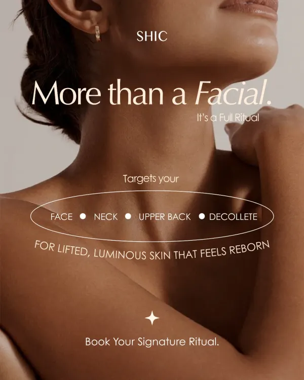 More than a facial, it's a full ritual. My signature treatment is designed to bring lifted, luminous skin by targeting the face, neck, upper back, and décolleté in one continuous, flowing ceremony.