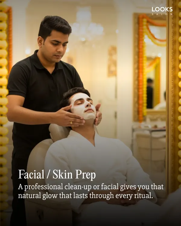 Great skin isn't just for the brides. We offer dedicated facial and skin prep services for grooms, ensuring you look naturally radiant and refreshed for every wedding ritual.