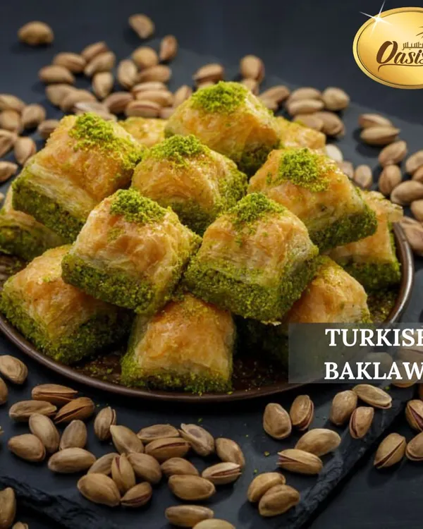 A close-up of our Turkish Pistachio Baklava, generously filled with finely ground pistachios and dusted with more on top. A true classic.