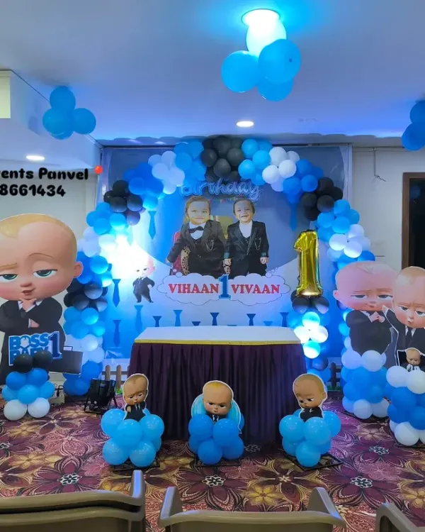 This is a full-stage Boss Baby theme I created for a first birthday party in a banquet hall. The setup includes a large backdrop, custom character cutouts, and themed balloon pillars, showing how I can transform a large space for a grand celebration.
