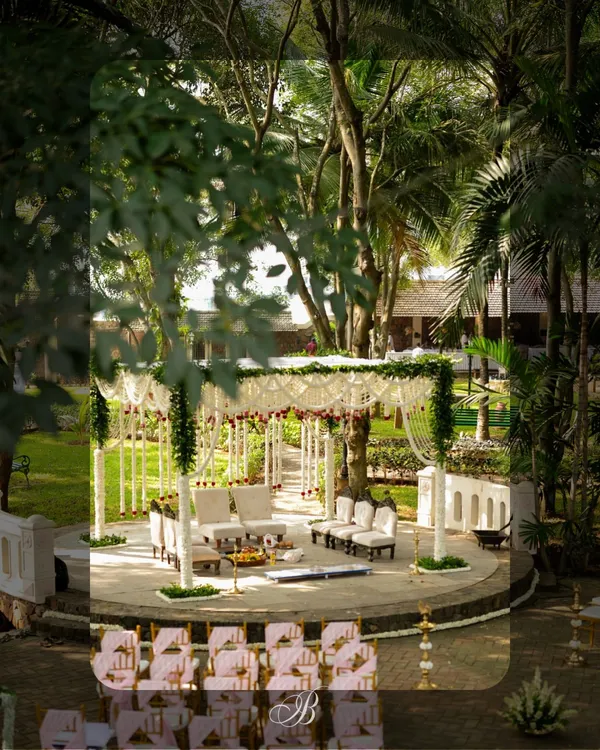 This serene mandap, set against a canvas of natural greenery, is where I believe magic happens. My approach is to enhance the beauty of the venue, not overpower it, creating a space that feels both sacred and deeply personal for the couple's vows.