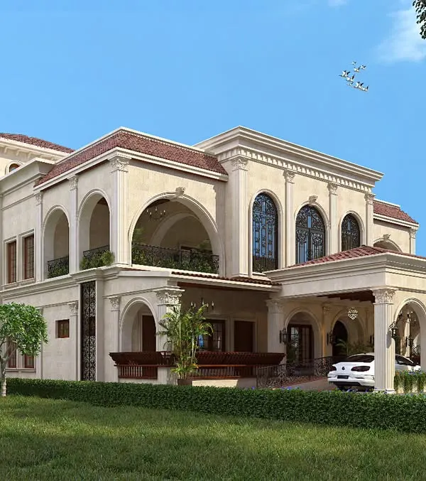An architectural render of the Veerabhavana Villa in Mangalore. As a corner site, it was important to focus on the facade on both sides of the building, ensuring the Mediterranean-inspired design with its elegant arches was impressive from all viewpoints.