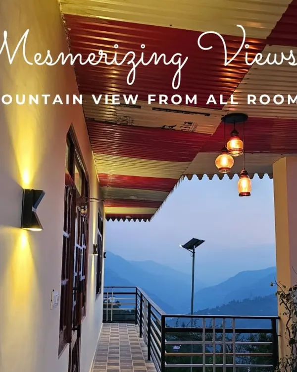 The mesmerizing view from the balcony of our farm stay. Every room opens up to the mountains, ensuring that you are always surrounded by the tranquil beauty of the Himalayas.