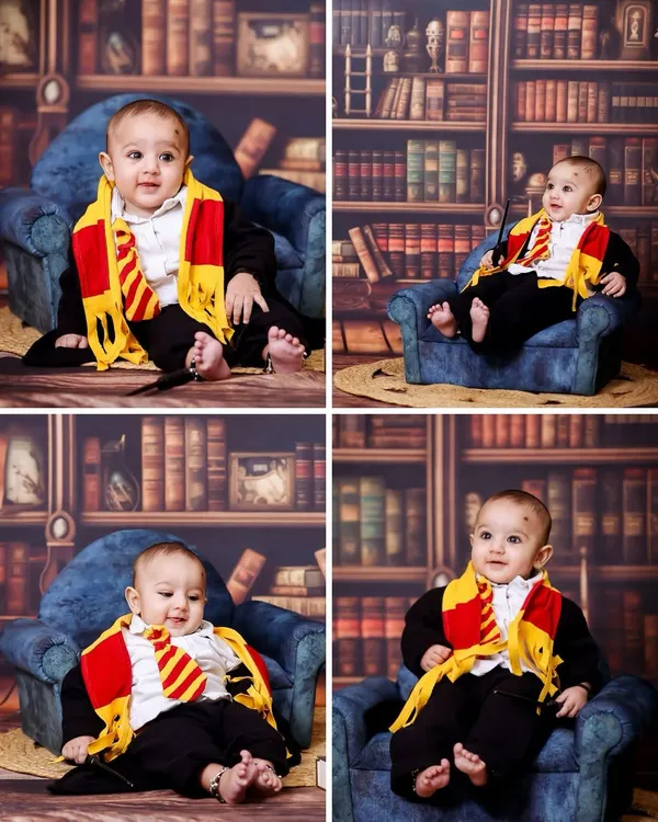 A collage showcasing the many expressions of a 6-month-old wizard. My Harry Potter themed session is perfect for capturing the magical personality of your little one.