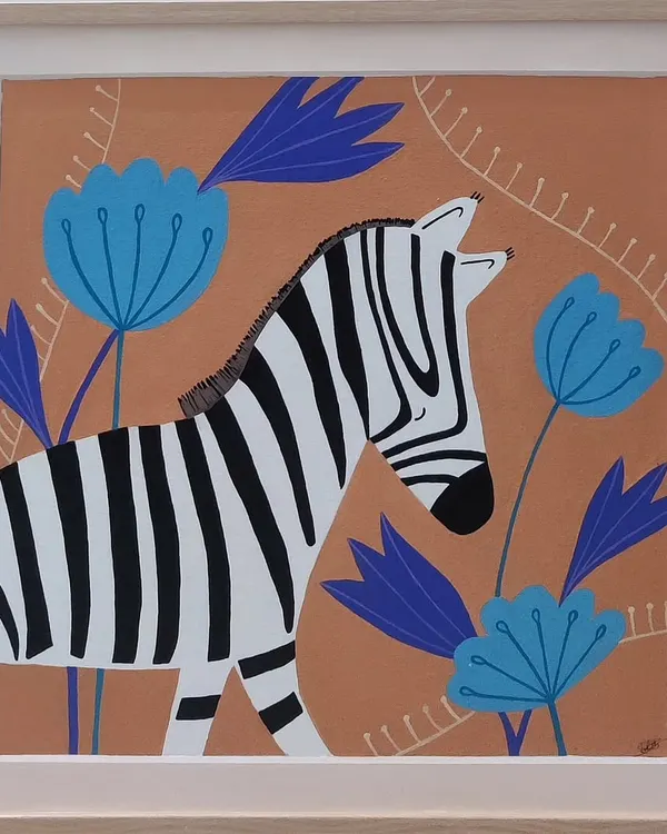 A close-up of the zebra painting from the "paws and pastels" series. The zebra's bold stripes stand out against a warm terracotta background with stylized blue flowers, creating a charming piece for a kid's room.
