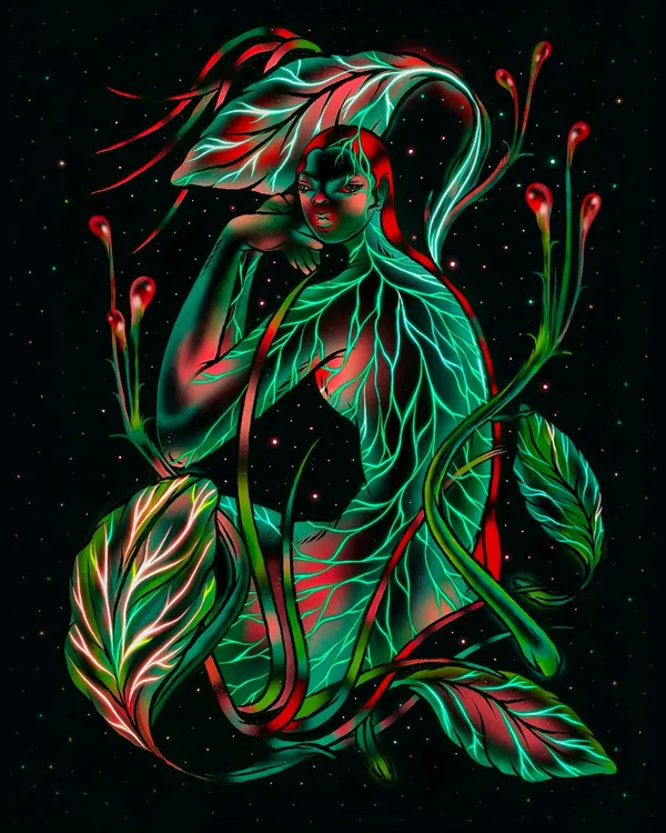 This piece, 'A Glow in the Dark,' is from my thesis project, "The Nature of Being." It explores the concept of bioluminescence as a metaphor for the inner world of women, visualizing the intricate, glowing ecosystems that exist within us. This digital illustration captures the surreal and organic themes that are central to my art.
