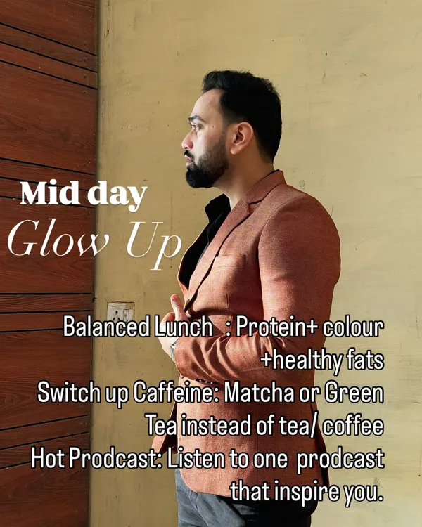 My Midday Glow Up routine focuses on a balanced lunch, switching to healthier caffeine options like matcha, and listening to an inspiring podcast to reset your energy.