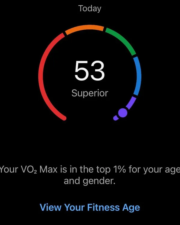A VO2 Max of 53, in the top 1% for my age and gender. This is a key metric we track to measure your aerobic fitness. My coaching is focused on workouts that systematically improve this number.