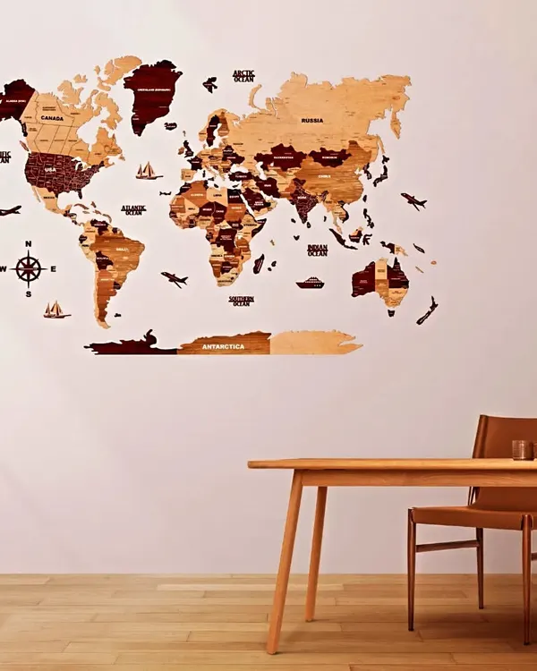 Elevate your decor with this stunning 3D wooden texture world map. Made from high-quality wood in various tones, this unique piece becomes an instant conversation starter and adds a touch of wanderlust to your wall.