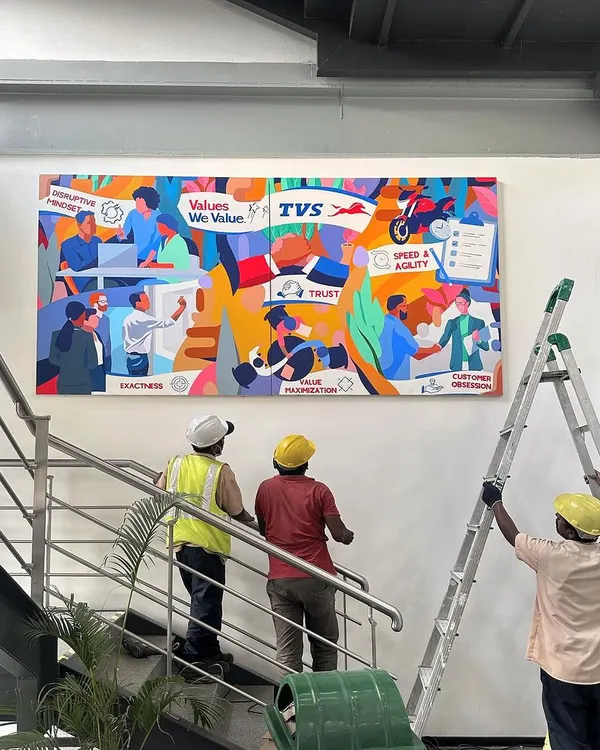 The installation of the TVS Motor Company mural, a project born from a deep collaboration with their team. This artwork visualizes the company's core values like Trust, Speed, and Agility.