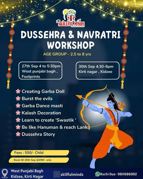 Our Dussehra & Navratri workshop poster, detailing a host of exciting activities like Garba doll making, Kalash decoration, and storytelling. We offer these sessions across multiple locations for your convenience.