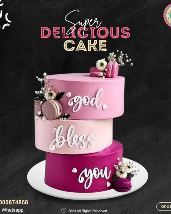 A truly special three-tiered cake I made to convey a heartfelt blessing. Each layer is a different shade of pink, adorned with delicate sugar flowers and macarons. This design is perfect for baptisms, baby showers, or any event where you want to share a message of love.