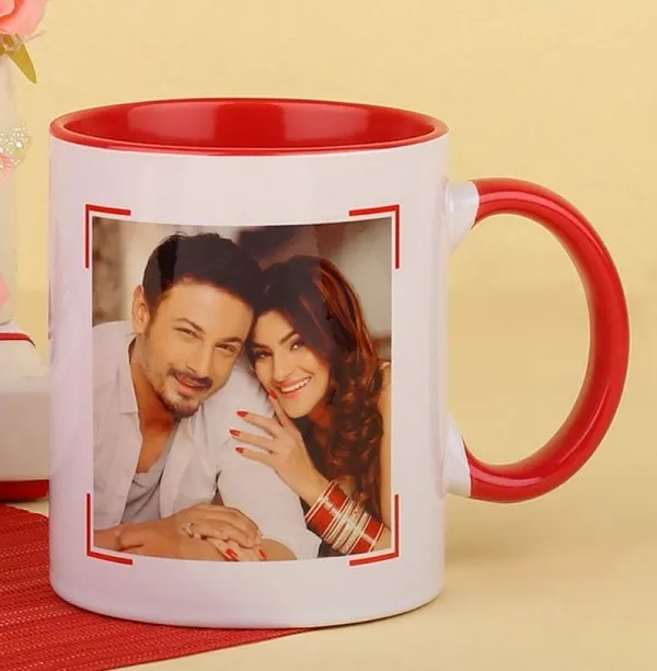 A high-quality personalized photo mug with a vibrant red interior and handle. Just send me your favorite couple's photo and I'll print it inside a stylish frame design.