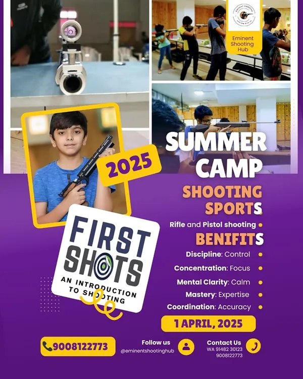 My "First Shots" program and annual Summer Camp are the perfect introduction to shooting sports for children. This poster highlights the core benefits like improved concentration, mental clarity, and coordination that participants develop.
