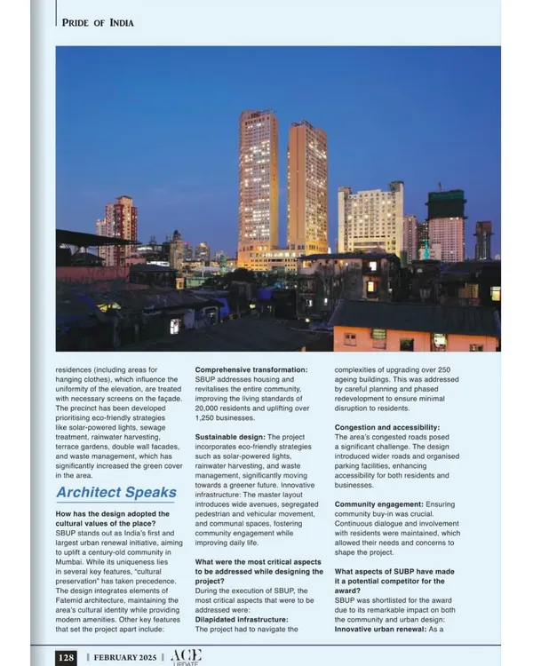 A magazine feature on the Saifee Burhani Upliftment Project, detailing the comprehensive transformation of Bhendi Bazaar. The master plan addressed housing for over 20,000 residents while introducing green spaces and improving infrastructure.