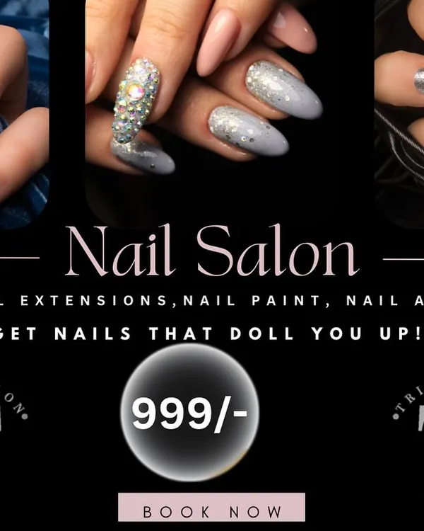 A special limited-time offer for nail services, including gel extensions, nail paint, and nail art. This graphic shows examples of the glitter, chrome, and rhinestone designs available with this deal.