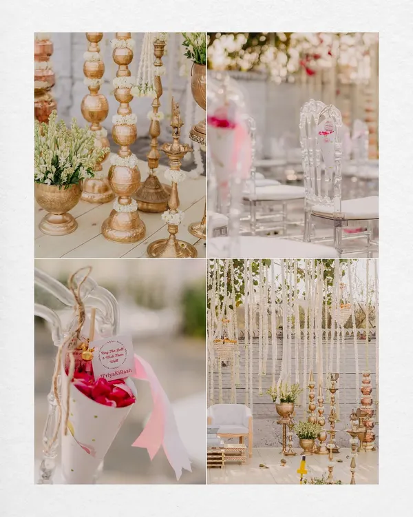 A collage of the beautiful decor from a pastel-themed wedding. I capture the details, from the floral arrangements and chair decor to the cones of petals for guests.