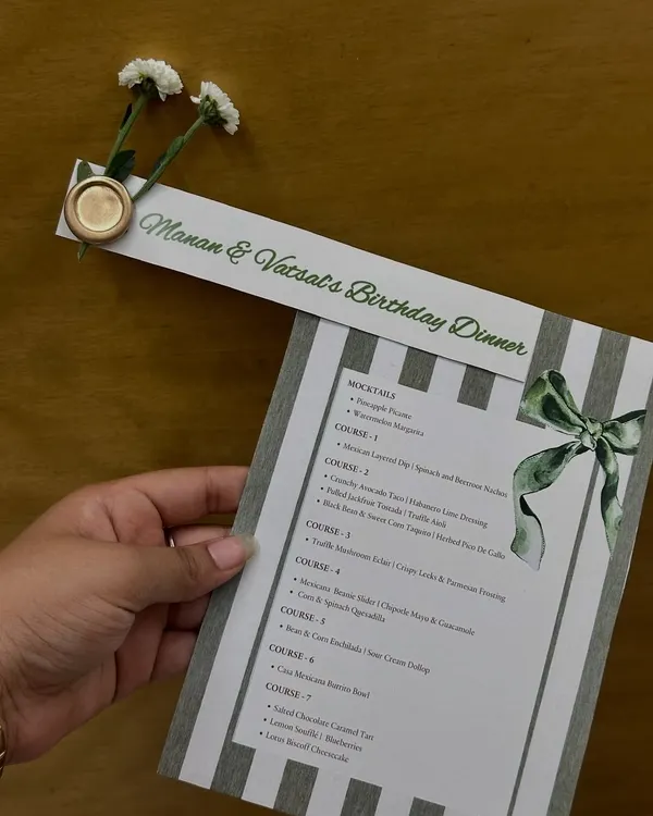 The menu for a bespoke 7-course Mexican-themed birthday dinner. We love collaborating with clients to create a personalized culinary journey for their special occasions.