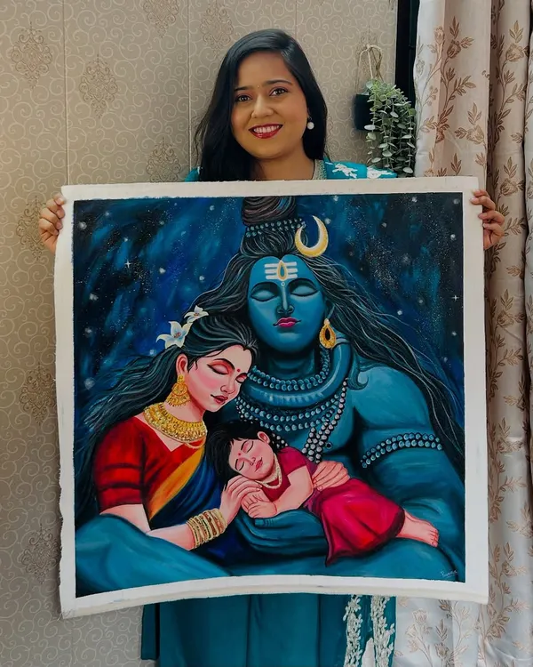 Here I am, holding my completed 24x24 inch Shiv Parivar painting. It's such a fulfilling moment to see a large-scale piece finished after putting so much heart into it.