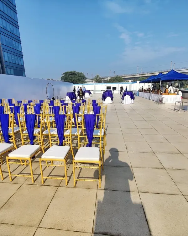 This rooftop corporate event for Indigo Airlines shows our ability to create a polished, professional setting in an open-air environment. The seating is perfectly aligned, showcasing our attention to detail.