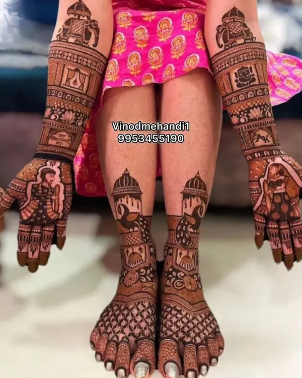 This is the complete bridal mehendi experience. I provide full coverage for both hands and feet, creating a cohesive and breathtaking look with traditional motifs like peacocks and palaces.