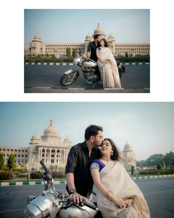 A classic pre-wedding portrait with a retro Royal Enfield in front of Bangalore's Vidhana Soudha. This collage shows both the grand wide shot and the intimate close-up, capturing the couple's style and connection.