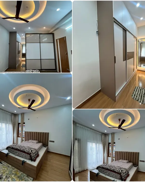 This collage showcases a serene bedroom designed with intention. The space features a stylish circular false ceiling design, a comfortable upholstered bed, and a large sliding wardrobe, all coming together with cozy textures and timeless elegance.