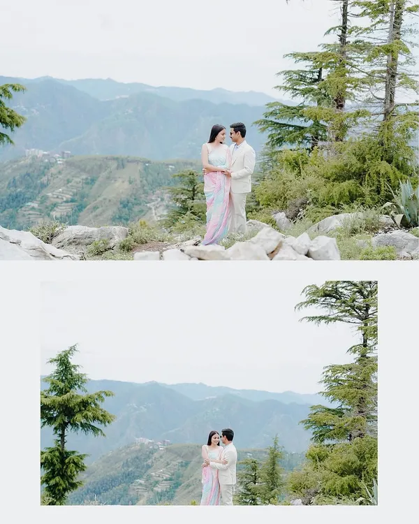A diptych showing a couple embracing on a mountain trail, with the rolling hills of Shimla stretching out behind them. These shots capture the epic scale and the personal connection of a pre-wedding shoot in the Himalayas.