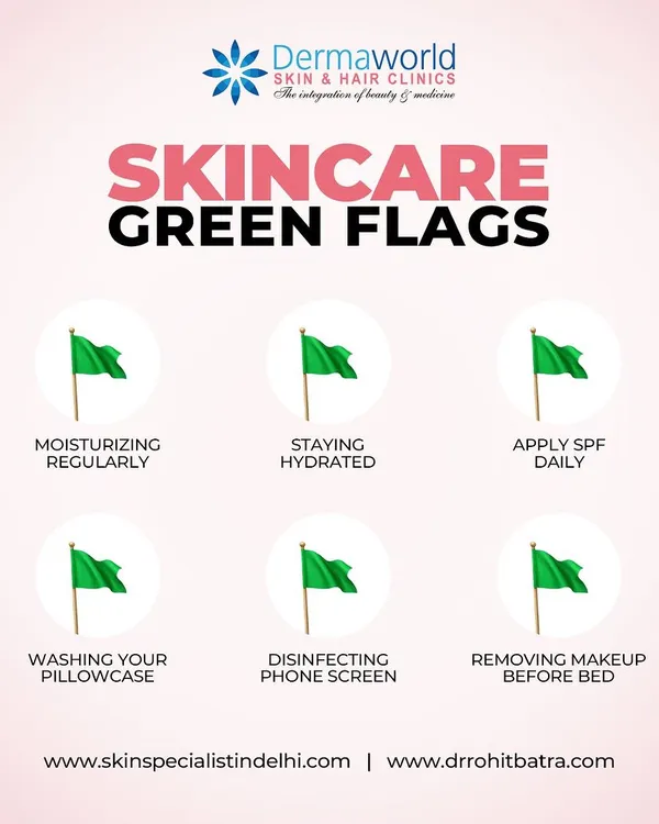 These are the skincare green flags you should be following. Simple habits like moisturizing regularly, staying hydrated, applying SPF daily, and removing makeup before bed are the foundation of healthy, clear skin.