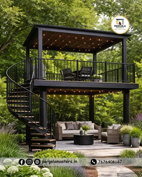 This two-story outdoor gazebo, complete with an elegant spiral staircase, creates a luxurious retreat in a lush garden setting. It showcases our ability to integrate complex structures like pergolas and stairways into a single, harmonious design for premium outdoor living.