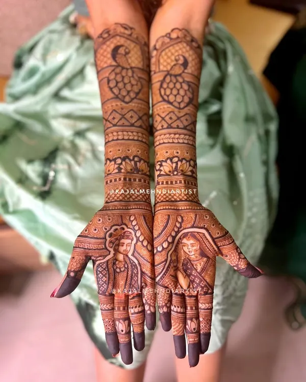 A portrait of the beautiful bride and groom, surrounded by intricate patterns and peacock motifs. This is the kind of storytelling bridal henna I love to create.
