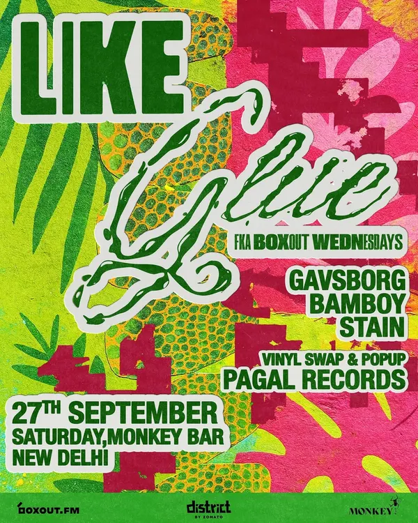 The poster for a 'Like Glue' night, our dedicated dancehall and reggae event. We brought in Gavsborg from Jamaica's Equiknoxx Music for this one, bridging the gap between global pioneers and the Delhi scene.
