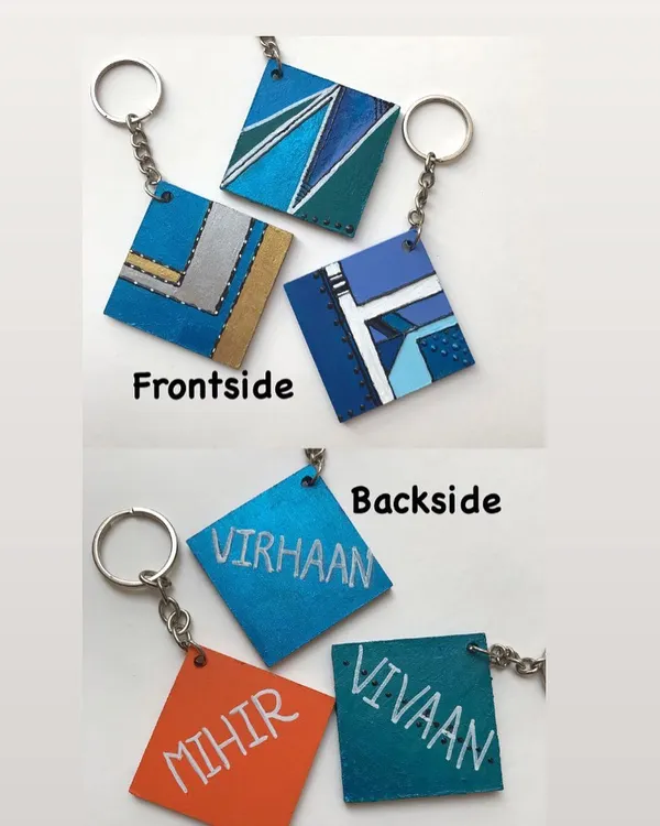 This shows the front and back of my personalised keychains for boys. The front features a cool, abstract geometric design, while the back is hand-painted with their name for a truly custom touch.