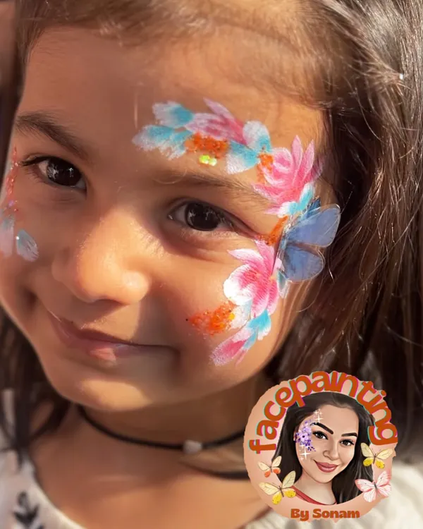 A happy smile framed by a delicate butterfly and soft, blended flowers. I love how the colors pop and bring so much joy.