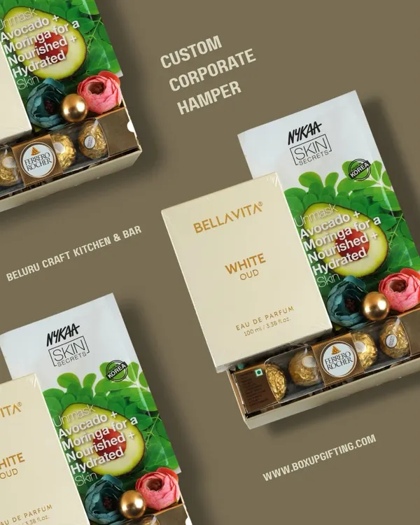 A custom corporate hamper designed for Beluru Craft Kitchen & Bar, featuring a curated selection of perfume, skincare, and gourmet chocolates.