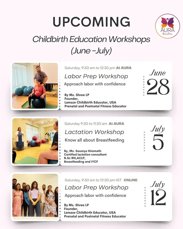 Here is a sample schedule of our upcoming childbirth education workshops. We offer a mix of in-person and online sessions, including Labor Prep and Lactation workshops, led by certified educators and consultants to fit your needs.