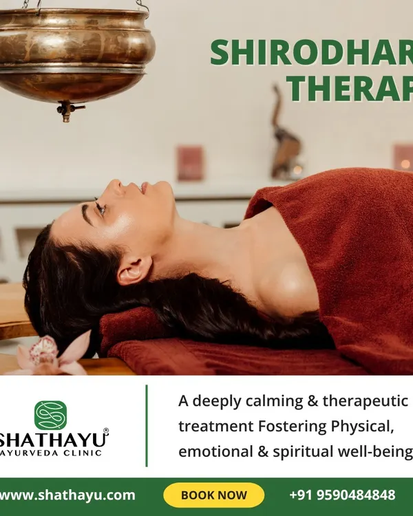 A client experiences the profound calm of Shirodhara therapy. This ancient treatment involves a continuous stream of warm, medicated oil over the forehead to soothe the nervous system and foster deep physical and emotional well-being.