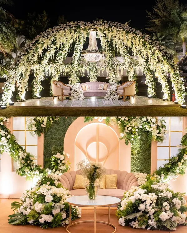 When it comes to cocktail nights, the details make all the difference. This collage shows two different stage setups, one a dreamy floral arch and the other a modern blush-toned backdrop, showcasing my design range.