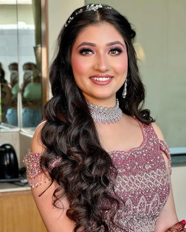 The princess diaries are real! This close-up shows off the beautiful pink-toned smokey eye and flawless skin, a perfect combination for a modern sangeet or reception look.