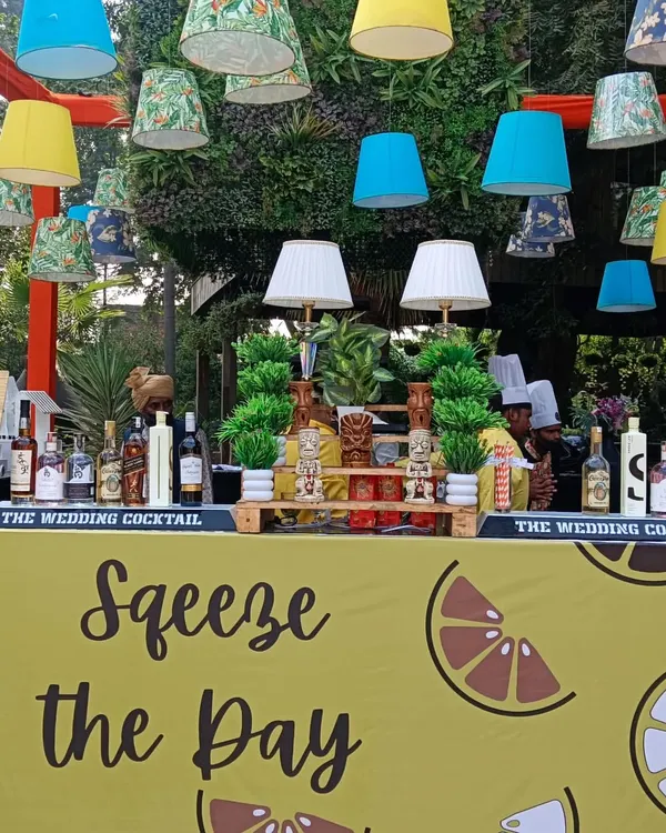 An example of our themed bar capabilities with a 'Squeeze the Day' lemon-themed setup for a vibrant Mehendi party. We can match any theme, from the bar front and decor to the drinks menu itself.
