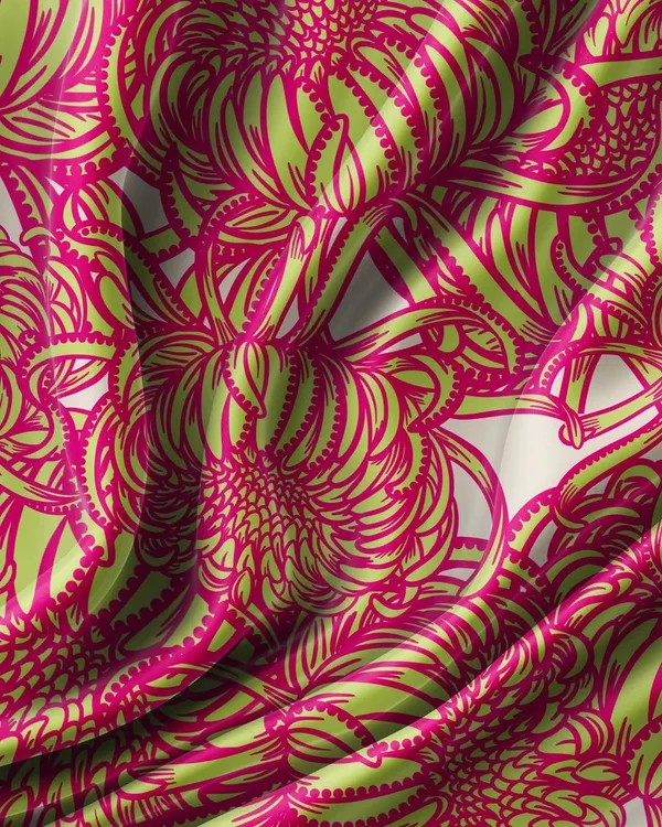 My 'Petal Pop' design in a vibrant pink and lime green colourway. This hand-drawn chrysanthemum pattern is bold and energetic, perfect for making a statement on upholstery, cushions, or as a feature wallpaper.