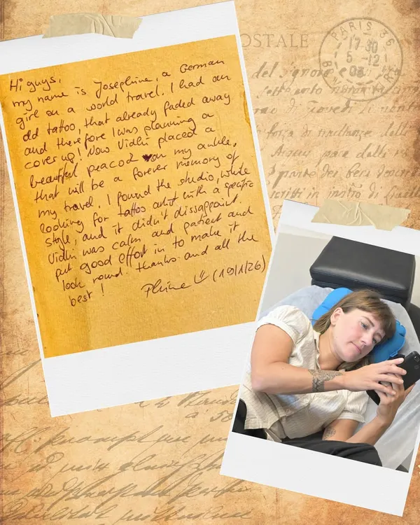 "A forever memory of my travel." A handwritten note from Josephine, a client from Germany who came to me for a cover-up while on her world tour.