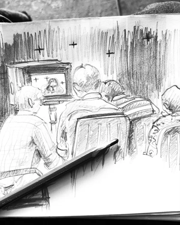A sketch I made during a shoot, capturing the director and crew focused on the monitor. This is where the world of film and costume truly merge, and it reminds me that we are all storytellers working together.