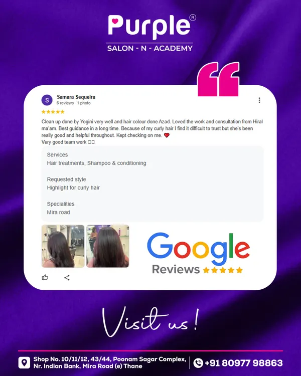 "Best guidance in a long time." This Google review from a client with curly hair highlights our focus on consultation and building trust. We are so happy we could provide a great hair treatment and color experience.