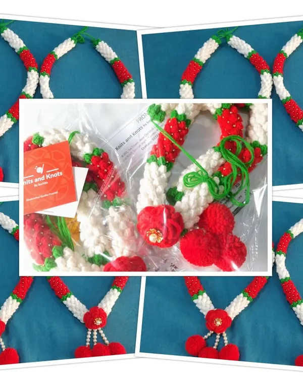 A collage showing my crochet jasmine garland, also known as Mogra Haar, ready for dispatch. The classic white and red combination offers timeless beauty for pooja or home decor.