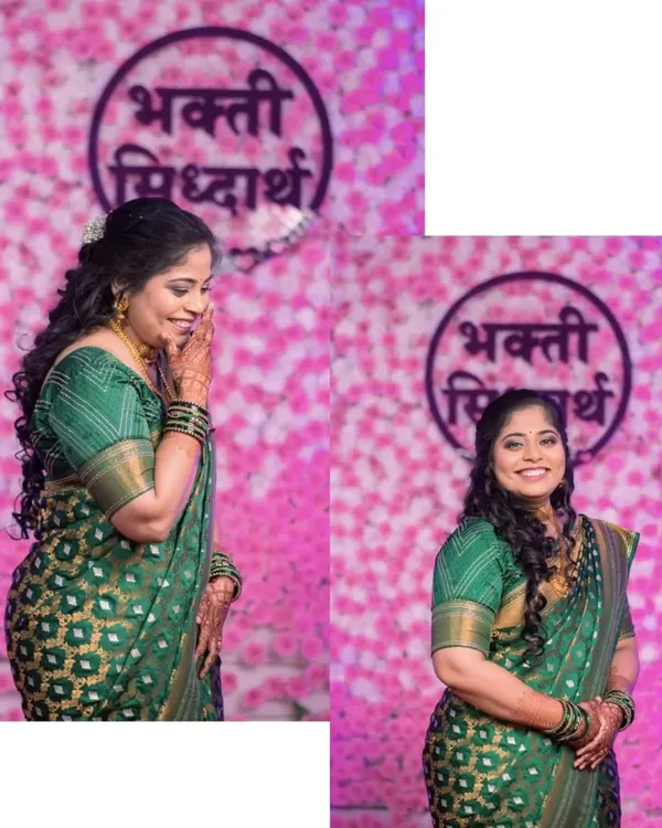 Capturing the bride's portraits during her engagement ceremony. On the left, a shy, candid moment, and on the right, a beautiful, confident smile. It shows the different emotions a bride feels on this important day.