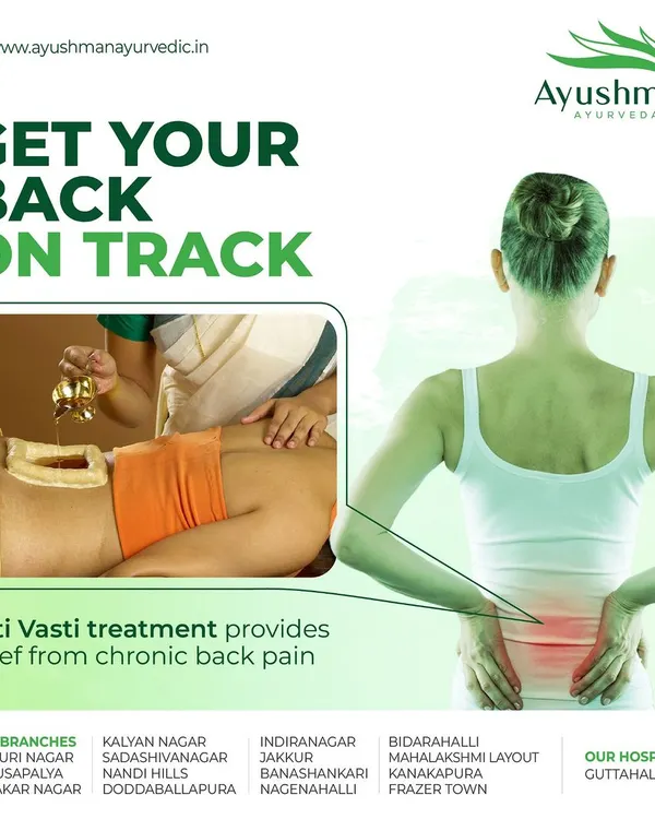 Get your back on track with Kati Vasti, a specialized therapy for chronic back pain. This treatment involves creating a reservoir of warm, medicated oil on the lower back to soothe stiff muscles, relieve pain, and nourish the nerves and tissues of the spine.
