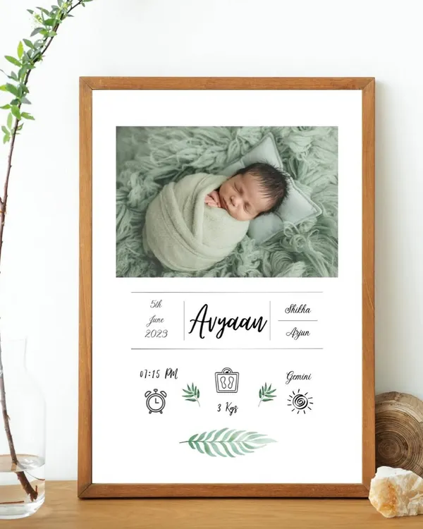 This is one of my baby biography frames, displayed in a simple wooden frame. It captures all the important details: name, birth date and time, weight, and parents' names, creating a beautiful piece of nursery art.