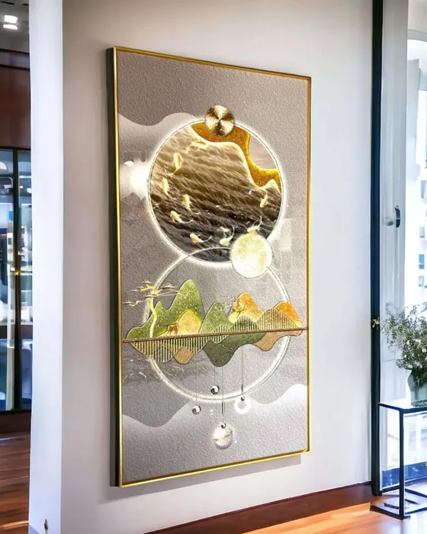 This large 30x60 inch crystal painting is an absolute masterpiece of abstract landscape art. The glowing circular elements and serene mountain depiction create a visually striking effect, adding depth and modern elegance to a hallway or large living area.
