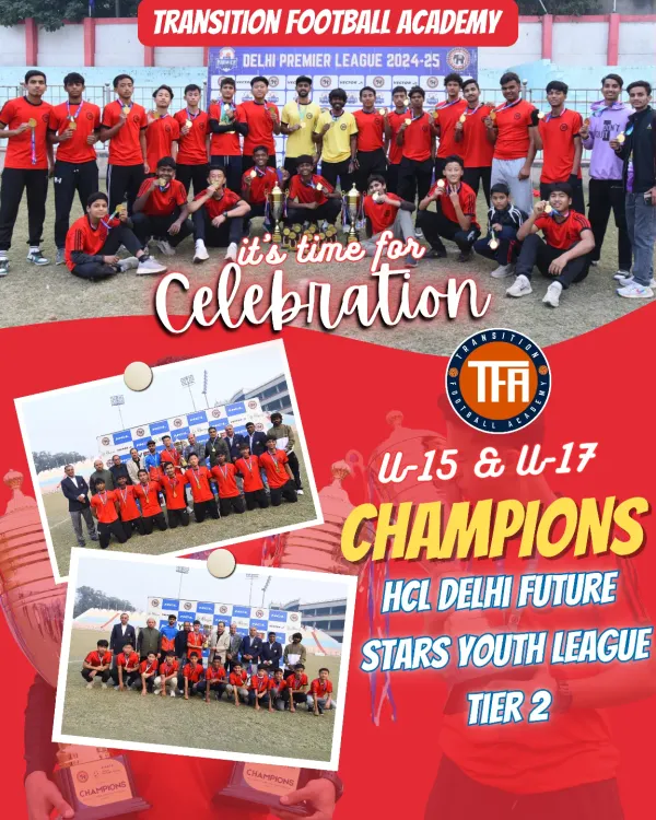 A proud moment celebrating our U-15 and U-17 teams being crowned champions of the HCL Delhi Future Stars Youth League. This graphic commemorates the hard work that led to a historic double victory for the academy.